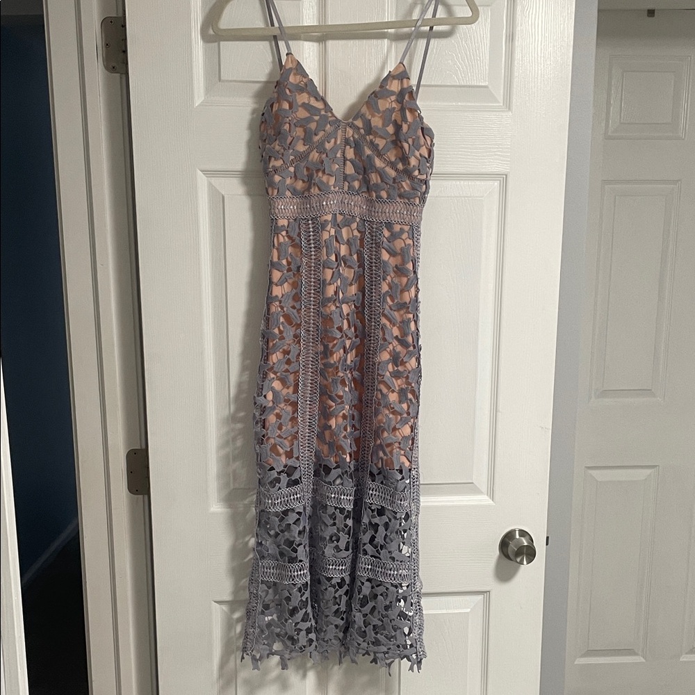 Elliatt Lace Overlay Midi Dress in Blue and peach